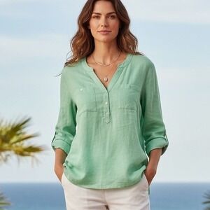 Kim Rogers Womens Mint Green Linen Blend Henley Shirt Top L 19622SPW000011